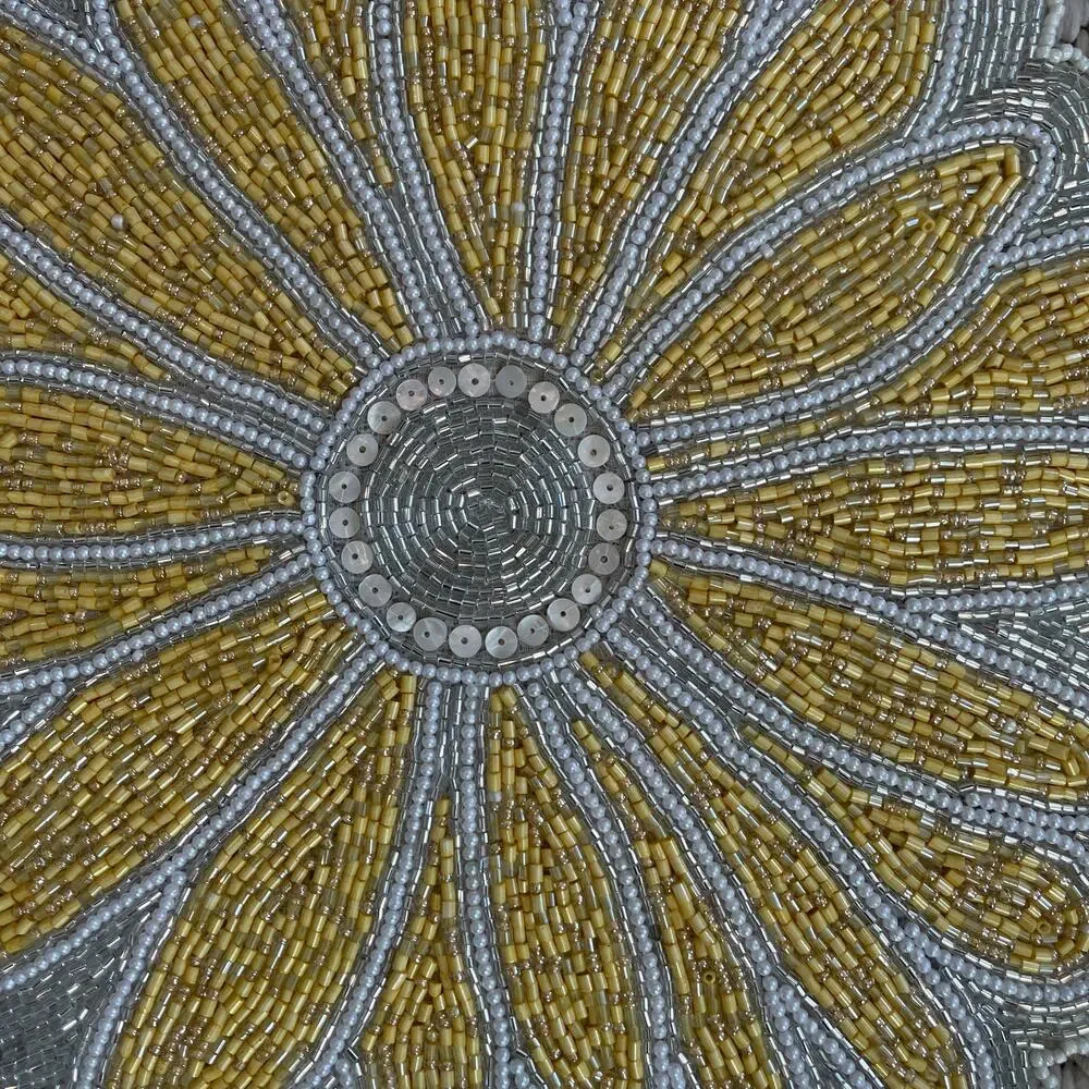 TAHARI HOME Glass Hand Beaded Charger Placemat Summer Yellow & White Floral NEW